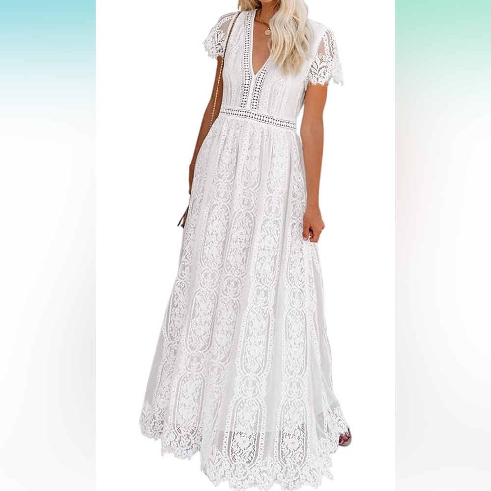 Maternity/wedding White floor length lace dress.